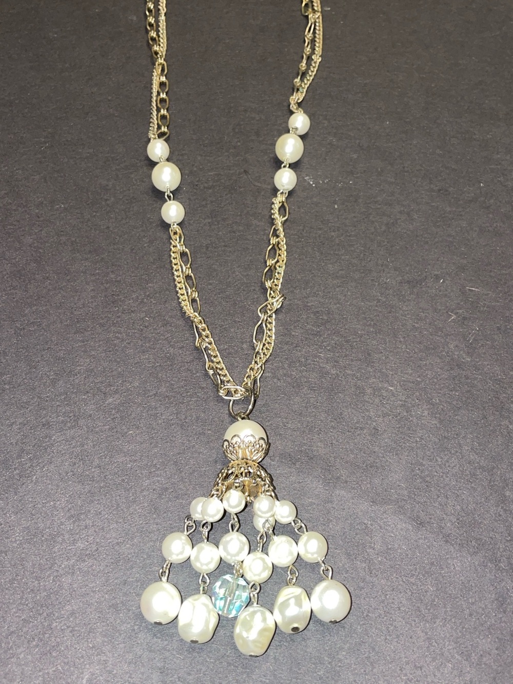 Vintage Coro Gold Tone And Baroque Pearl Necklace With Dangle Pearl Tassel